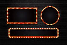 Vector Set Of Realistic Isolated Retro Rectangle Neon Marquee Billboard For Decoration And Covering On The Wall Background. Concept Of Cinema And Broadway.