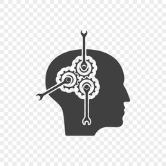 Wall Mural - Abstract icon for solving psychological problems in the head of a person by twisting the screw on the gears in the head. Vector on a transparent background.