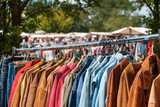 Fototapeta  - Jeans jackets and retro shirts on second hand market /  flea market - vintage clothing