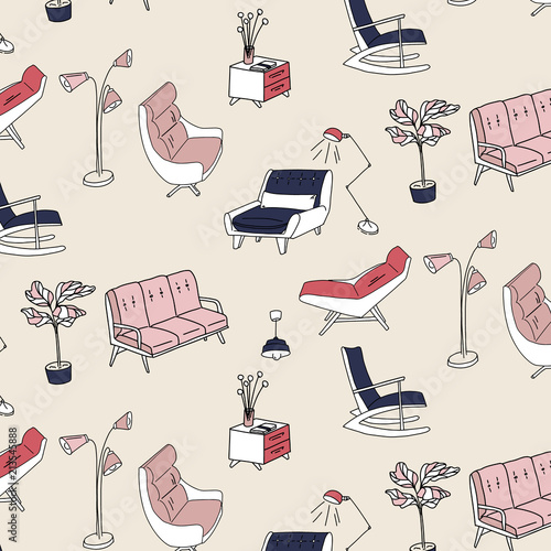 60s Style Furniture Interior Pattern Cute Pastel Pink Navy