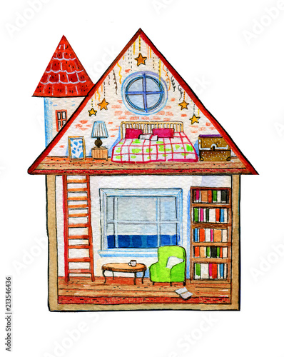 Inside View Of Two Story House With Furniture And Decorations Hand Drawn Cartoon Watercolor Illustration Buy This Stock Illustration And Explore Similar Illustrations At Adobe Stock Adobe Stock