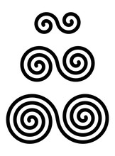 Three Interlocked Double Spirals Over White. Combined Spirals With Two, Three And Four Turns. Motifs Of Twisted And Connected Spirals. Isolated Illustration. Vector.