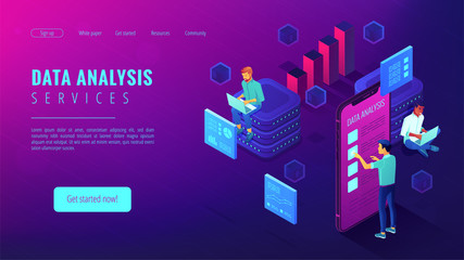 Wall Mural - Data analysis services landing page. Isometric IT team working on different analytics services around charts and graphics. Big data analysis concept . Vector 3d illustration on ultraviolet background.