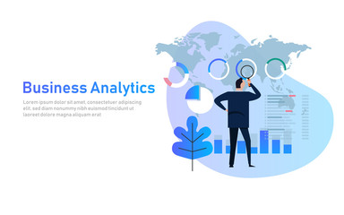 Wall Mural - Business analytics analysis Graph Financial Business Chart Flat Vector Illustration. Global world map data