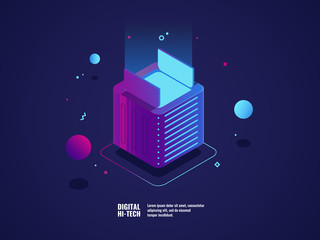 Technology concept of program development and application programming, blockchain technology, virtual server room, hardware equipment install and setting neon light, isometric vector