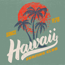 Hawaii Surfing Club. Poster Template With Lettering And Palms.