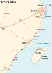  riviera maya road vector map, quintana roo, mexico