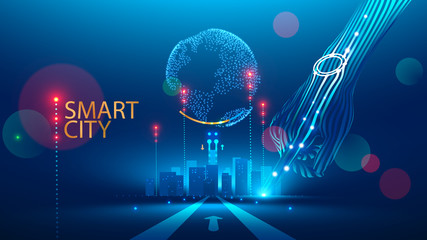 Poster - Smart City communication with global network and urban infrastructure. Wireless connection technology in lifestyle social medium. Communication Network transmit Information through internet of Things.
