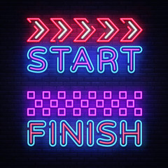 Start Finish neon sign vector. Start Finish Design template neon sign, Racing light banner, neon signboard, nightly bright advertising, light inscription. Vector illustration