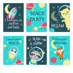 Wall Mural - Space party invitation card vector template set