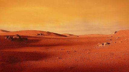 landscape on planet mars, scenic desert scene on the red planet