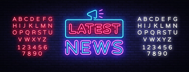 Wall Mural - Latest News sign vector design template. Breaking News neon logo, light banner design element colorful modern design trend, night bright advertising, brightsign. Vector. Editing text neon sign