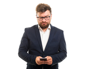 Wall Mural - Portrait of business man texting on the smartphone.