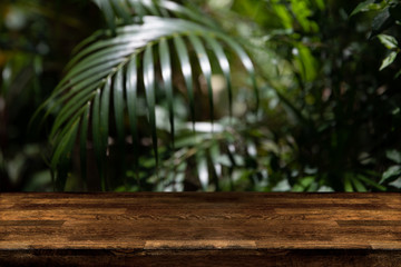 Dark wood table top with blur on green palm leaves or tree in tropical forest. Background usage or product presentation.