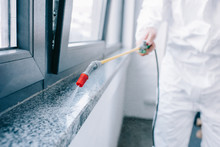 Cropped Image Of Pest Control Worker Spraying Pesticides On Windowsill At Home