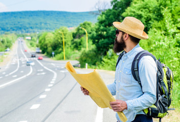 I am lost on my way. Tourist backpacker map lost direction travelling. Around the world. Find direction map large sheet of paper. Allow recognize enough details to walk somewhere if get lost