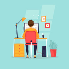 Programmer Works At The Computer, Businessman, Workplace, Rear View. Flat Design Vector Illustration.