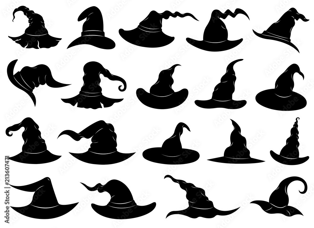 Illustration of different witch hats isolated on white - obrazy, fototapety, plakaty 