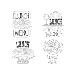 Poster - Vector set of hand drawn lunch logos. Fresh and tasty food. Monochrome emblems with delicious pizza, fried eggs with sausages