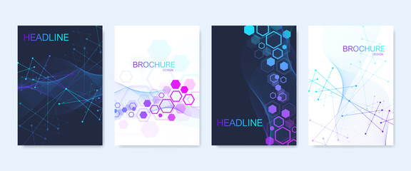 Leinwandbilder - Business vector templates for brochure, cover, flyer, annual report, leaflet. Abstract composition with molecule structure, dots, lines. Wave flow. Science, medicine, technology background.