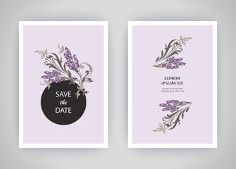 Set of card with flower lavender, leaves. Wedding ornament concept. Floral trendy poster, invite. Vector decorative greeting card or invitation design background