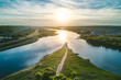 Confluence of two rivers (Namunas and Neris) in Kaunas old town, Lithuania. Drone aerial view.
