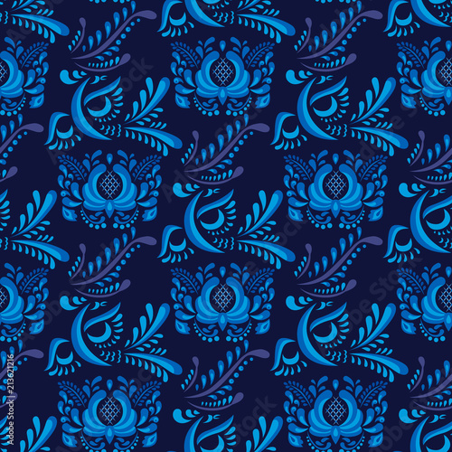 Russian ornaments art gzhel style painted with blue flower traditional folk b...