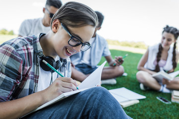 Wall Mural - smiling teenage boy writing in notebook while studying with friends in park