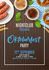 Oktoberfest party poster invite. Vector illustration with beer, sausages and traditional textile on wooden texture. Invitation to nightclub.