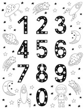Numbers For Kids In Scandinavian Style. Poster With Space Doodles And Letters. Vector Illustration.
