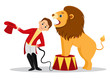 Cartoon lion tamer puts his head in the jaws of the lion.Isolated on white background.Line art design.Vector illustration