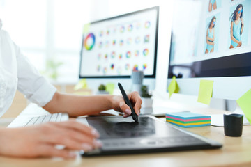Web Design. Designer Working On Tablet Closeup