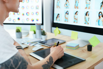 Web Design. Designer Working On Tablet Closeup