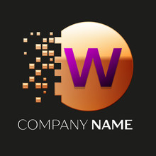 Realistic Purple Letter W Logo Symbol In The Golden Colorful Pixel Circle Shape With Shattered Blocks On Black Background. Vector Template For Your Design