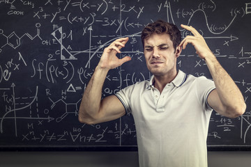 Poster - Caucasian man blackboard school, stress, worried expression, concept of school and exams