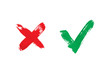 Red and green check marks made of brush strokes isolated on white. Vector check mark icons.