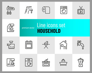 Poster - Household icons. Set of  line icons. Washing machine, TV set, sewing machine. Domestic appliances. Vector illustration can be used for topics like housework, housekeeping, technology