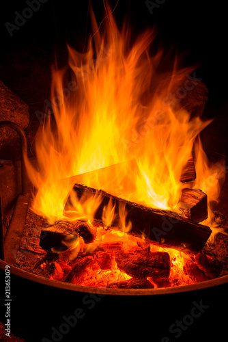 Campfire Vertical Close Up View Of Blazing Wood Fire In A Camp