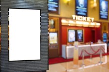 Blank Showcase Billboard Or Advertising Light Box For Your Text Message Or Media Content With Blurred Image Of Ticket Sales Counter At Movie Theater, Advertisement, Marketing, Entertainment Concept