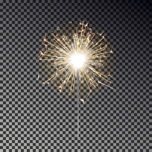 Bengal Fire. New Year Sparkler Candle Isolated On Transparent Background. Realistic Vector Light Eff