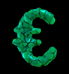 Poster - Euro symbol in a 3D illustration made of broken plastic green color isolated on a black