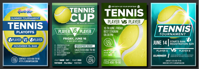 Sticker - Tennis Poster Set Vector. Design For Sport Bar Promotion. Court, Tennis Ball. Modern Flyer Tournament. Sport Event Announcement. Banner Advertising. Label Template Illustration