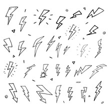 Handdrawn Lightning Set Doodle Icon. Hand Drawn Black Sketch. Sign Cartoon Symbol. Decoration Element. White Background. Isolated. Flat Design. Vector Illustration