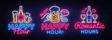 Happy Hour Neon Sign Collection Vector. Happy Hour Design Template Neon Sign, Night Dinner, Celebration Light Banner, Neon Signboard, Nightly Bright Advertising, Light Inscription. Vector Illustration