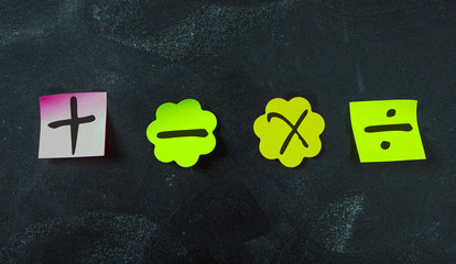 Sticky colorful notes, isolated, with math symbols on blackboard background.