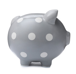 Gray piggy bank on white background. Money saving