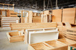 © glazunoff - Industrial factory. Furniture production at woodworking enterprise. Wood processing manufacture.