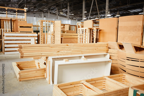 Industrial factory. Furniture production at woodworking enterprise. Wood processing manufacture.