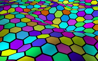 Honeycomb multi-colored. Perspective view on polygon look like honeycomb. Wavy surface. Isometric geometry. 3D illustration