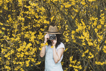 Young Woman Photographing With Vintage Camera While Standing Amidst Yellow Blossoms On Branches At Park